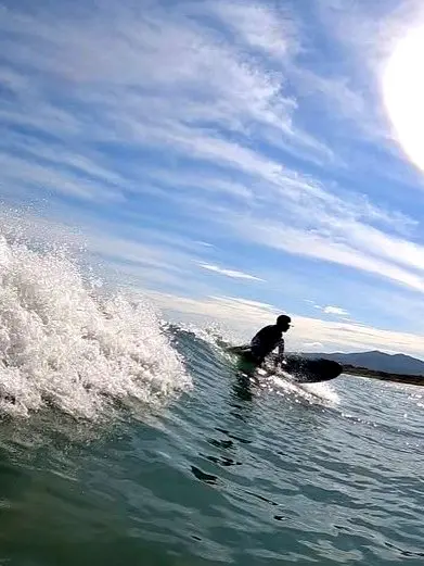 A surfer rides Sayulita’s easy golden break as sunlight dances on the Pacific — a surfing and wellness getaway blending joy, motion, and peace.