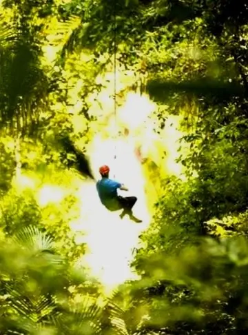 Traveler ziplines through tropical forest toward the ocean — adrenaline and sky-high vistas at nearby Sayulita conscious hotel.