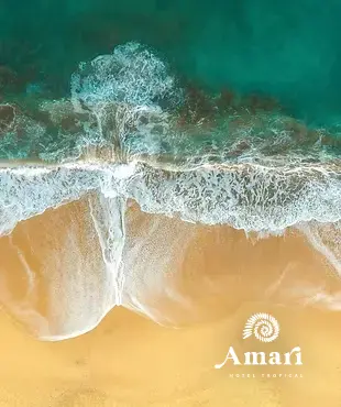 Aerial drone view of Sayulita’s golden beach and surf below Amari — a refined Riviera Nayarit coastal hotel.