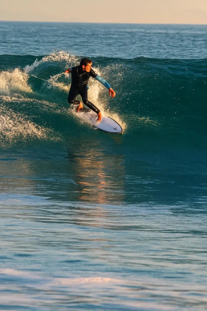 A skilled surfer carves across a clean Pacific swell off the Nayarit coast, capturing the power and rhythm of Mexico’s renowned surf breaks at golden hour.