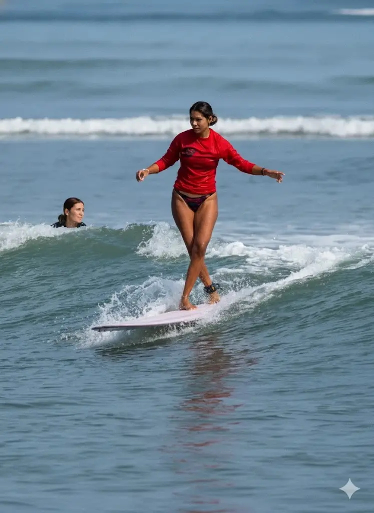 A beginner glides on a small, steady wave as another surfer watches—an easy, safe first surf along the calm waters of the Nayarit Pacific Coastline.