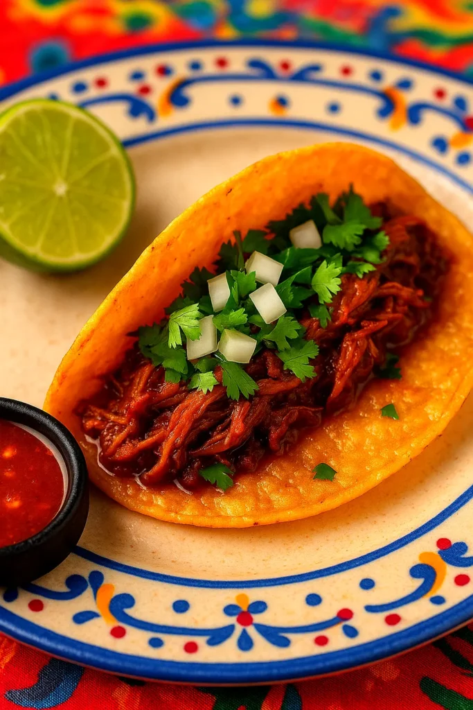 Birria taco filled with shredded meat, topped with onions and cilantro, served with a small cup of consomé and lime wedges on a simple plate.