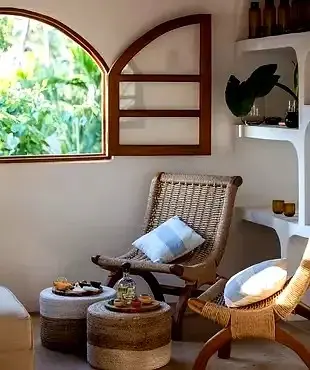 Master-crafted furniture shapes a warm corner at Amari, an amorous getaway for coastal living — unique among Sayulita premier hotels.