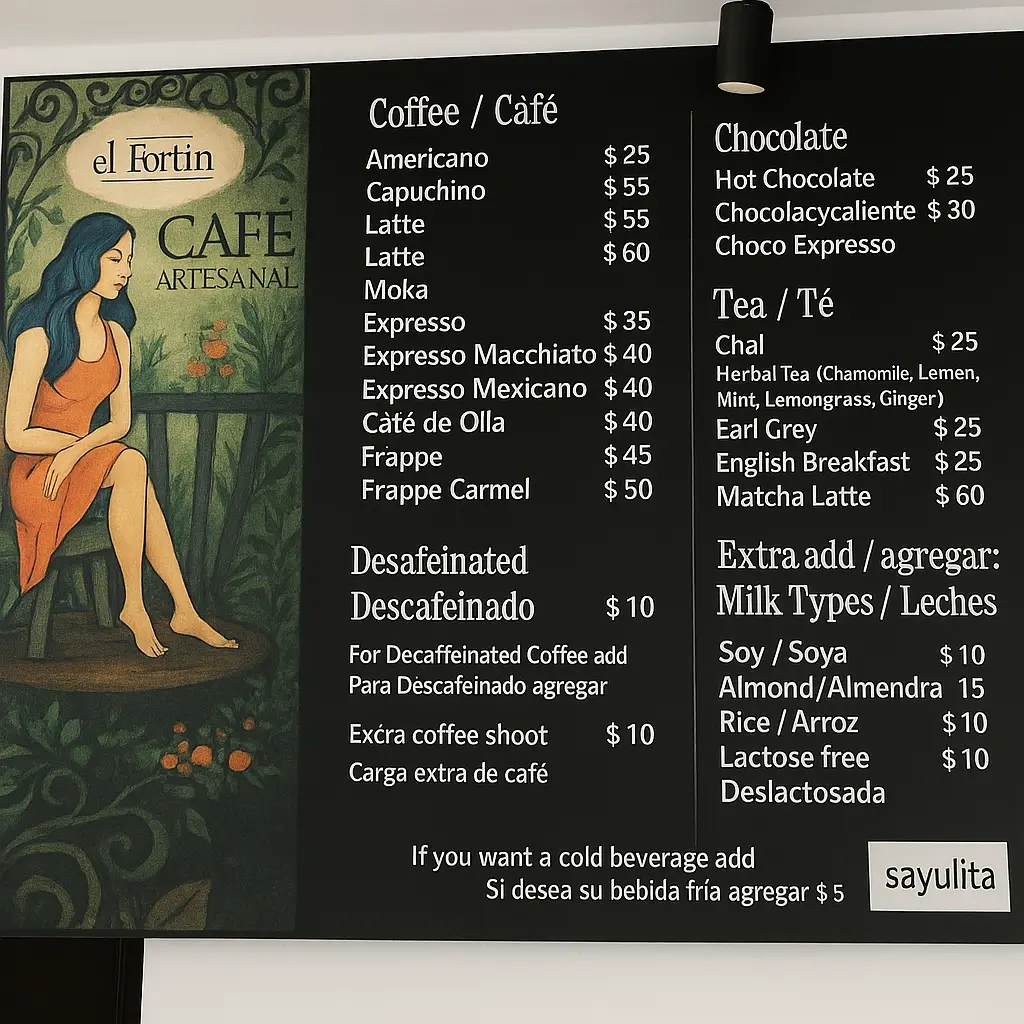 El menú iluminado de Café El Fortin destaca bebidas de espresso y favoritos de chocolate junto a coloridas obras de arte, mostrando este acogedor café de Sayulita.