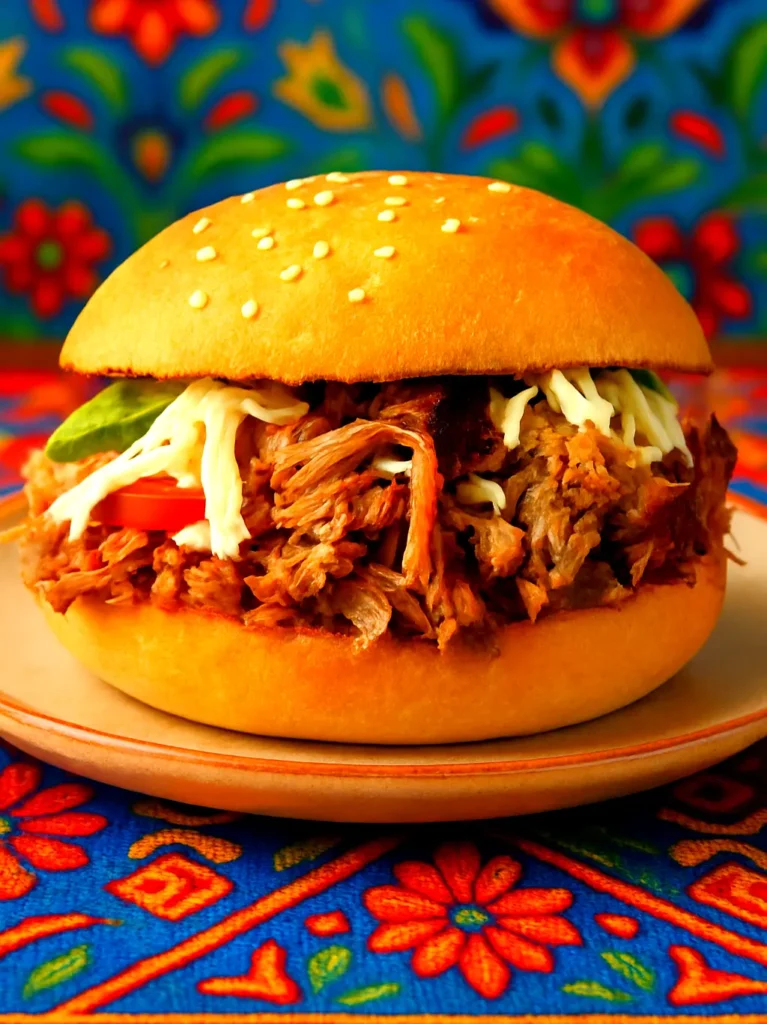 Mexican torta with shredded meat, lettuce, tomato, and cheese on a soft roll, highlighting hearty layers, handheld ease, and bold street flavor.
