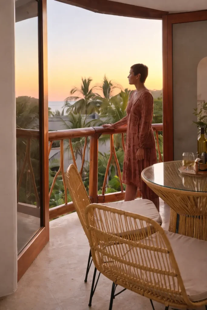 Guest enjoying a sunset terrace with ocean views—laid-back indoor-outdoor living on Mexico’s Pacific shoreline.