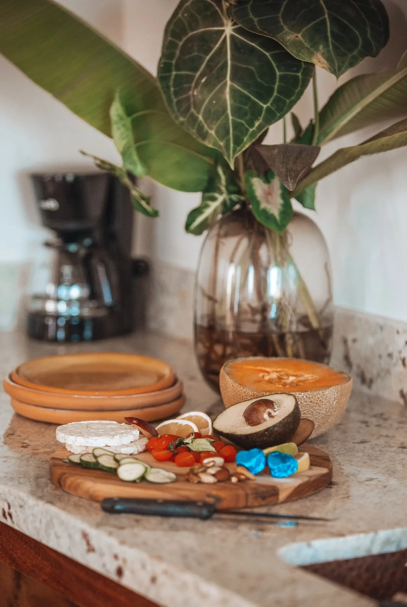 Kitchen Counter With Fresh Produce, Coffee Maker, and Stone Countertops