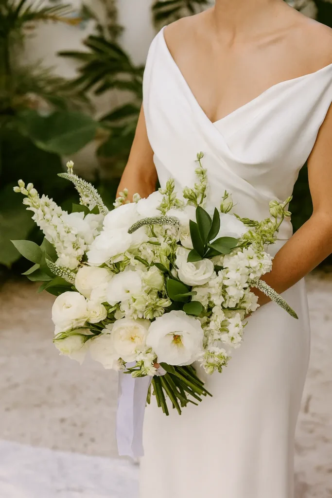 Bride holds white blooms at her Sayulita destination wedding — a garden ceremony framed by tropical romance at Amari’s sanctuary.