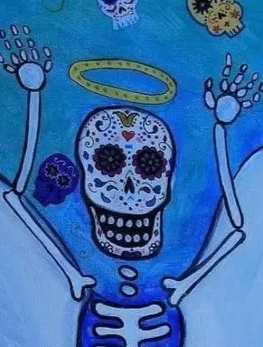 A whimsical painting of a sugar-skull angel symbolizes Día de los Angelitos—a tender tribute honoring the memory and innocence of departed children