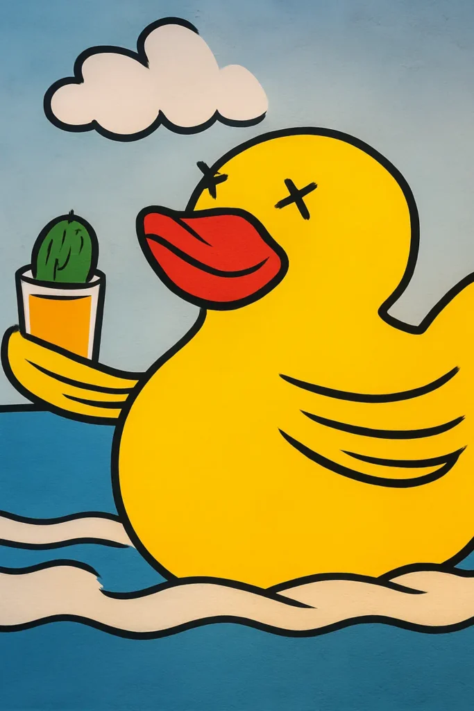 Whimsical wall mural of a cartoon duck holding a cactus cocktail in a Sayulita bar, adding humor and personality to the scene.