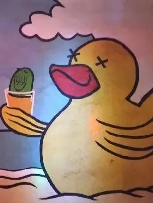 Mural mural caprichoso de un pato de caricatura sosteniendo un cóctel con cactus en un bar de Sayulita, agregando humor y personalidad a la escena.