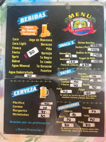 Street-style menu at Tacos y Mariscos El Rinconcito listing tacos, ceviche, snacks, and affordable prices, representing the stand’s simple, no-frills seafood style.