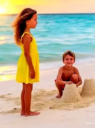 Children build sandcastles beside gentle surf — sunshine and laughter fill a joyful family escape on Mexico’s Pacific Riviera.