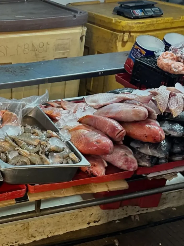 Fresh red snapper, shrimp, and assorted fish displayed on ice at a market stall, showing what to look for when choosing quality seafood.