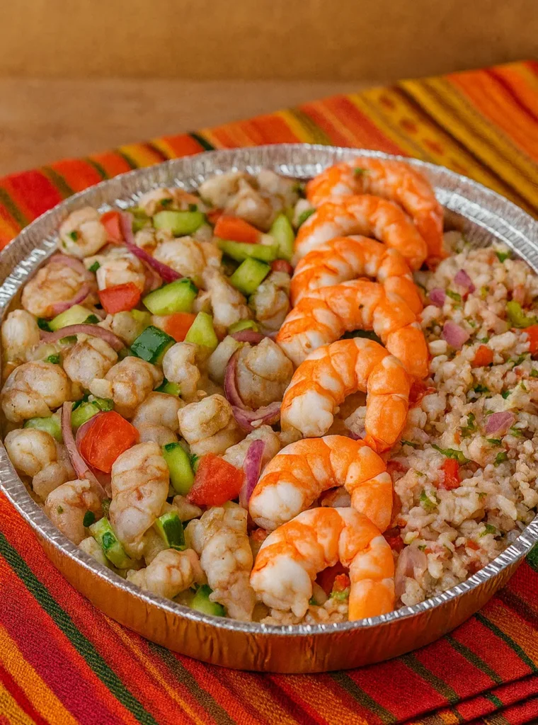 Seafood ceviche with shrimp, cucumber, tomato, onion, and herbs in citrus marinade, highlighting bright, refreshing flavors in a coastal Mexican dish.