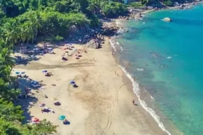 Palm shadows fall across quiet sand and turquoise shallows—a tranquil corner of the Pacific Riviera Coastal Route where time stands still.