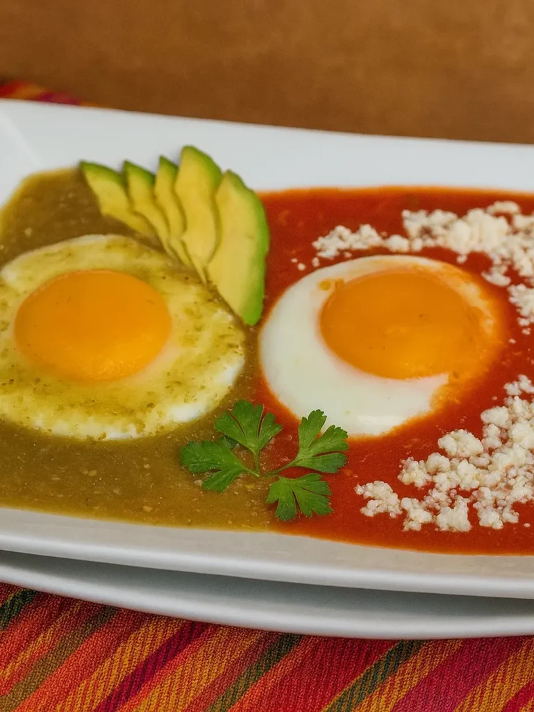 Huevos rancheros with one egg in red salsa and one in green, topped with cheese and avocado, highlighting a colorful and familiar Mexican breakfast.