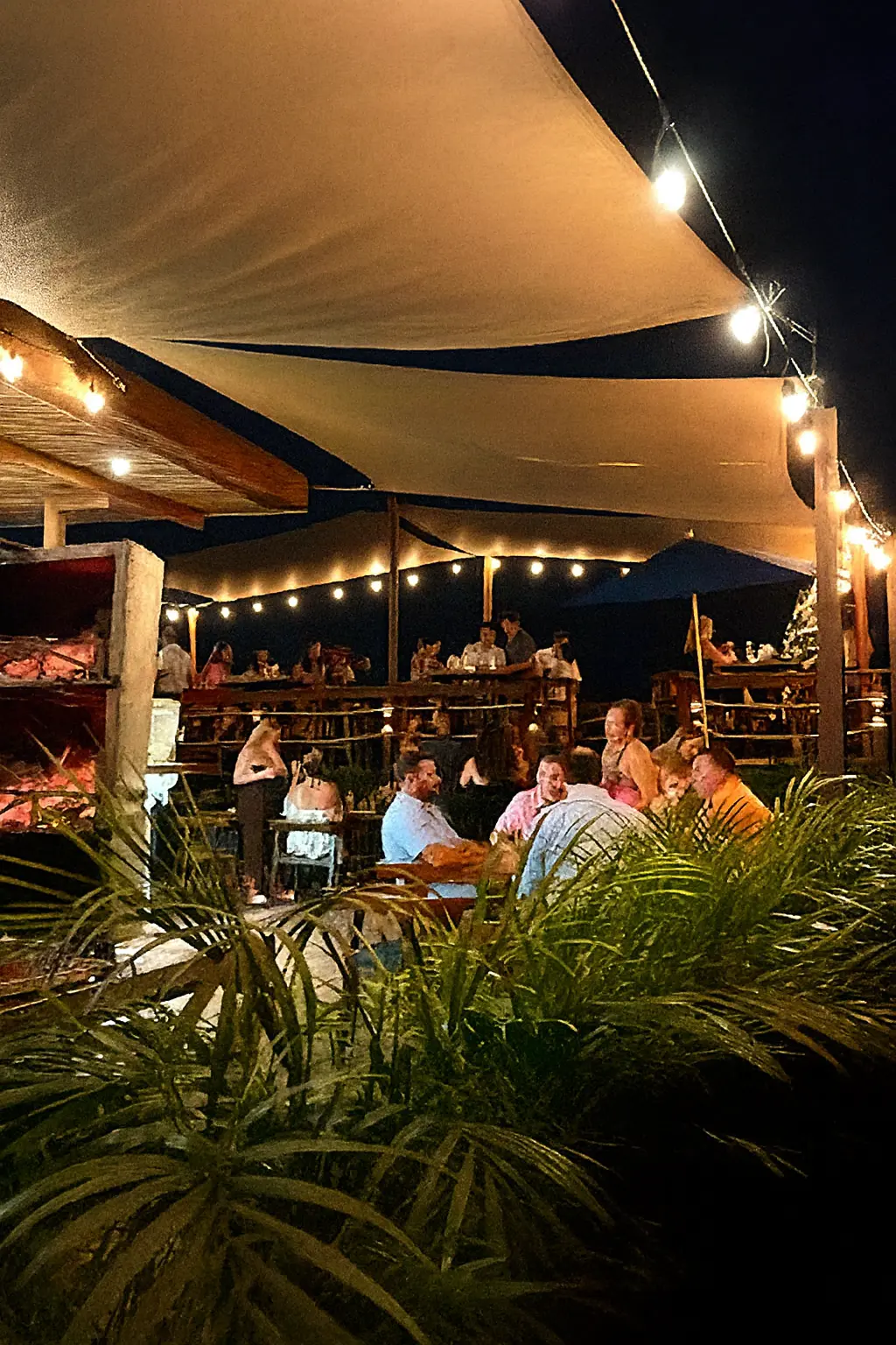 Personas comparten comida y bebidas bajo luces cálidas en un espacio abierto junto al agua, creando un ambiente nocturno relajado.