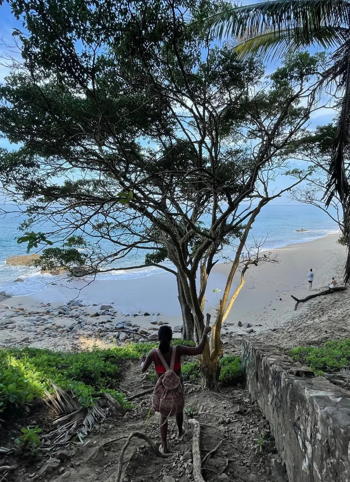 A traveler walks down a rugged jungle path toward Malpaso Beach, with trees framing the shoreline and gentle waves along Sayulita’s hidden coast.