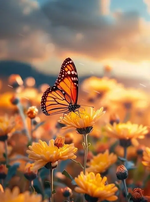 A monarch butterfly rests on golden marigolds at sunset, symbolizing returning spirits and gentle remembrance.