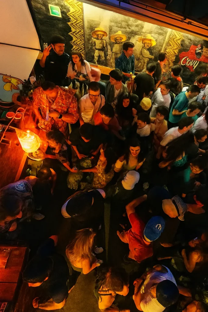 Papel picados and soft lights fill the plaza — laughter and dance shape a welcoming retreat and bespoke wellness experience.