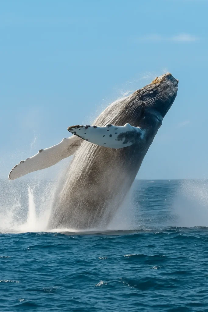 Humpback whale leaps through Banderas Bay’s blue waters — symbol of Amari’s ocean stewardship and eco-responsible travel values.
