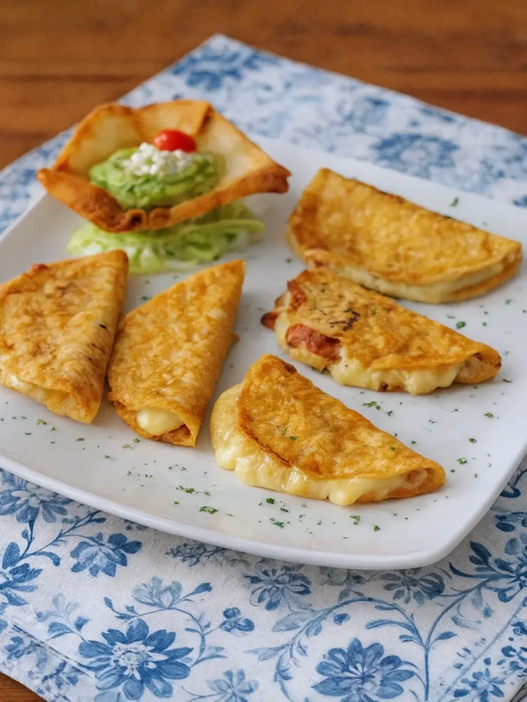 Crispy quesadillas filled with melted cheese, served with guacamole and lettuce, showcasing warm tortillas, creamy filling, and easy Mexican comfort.