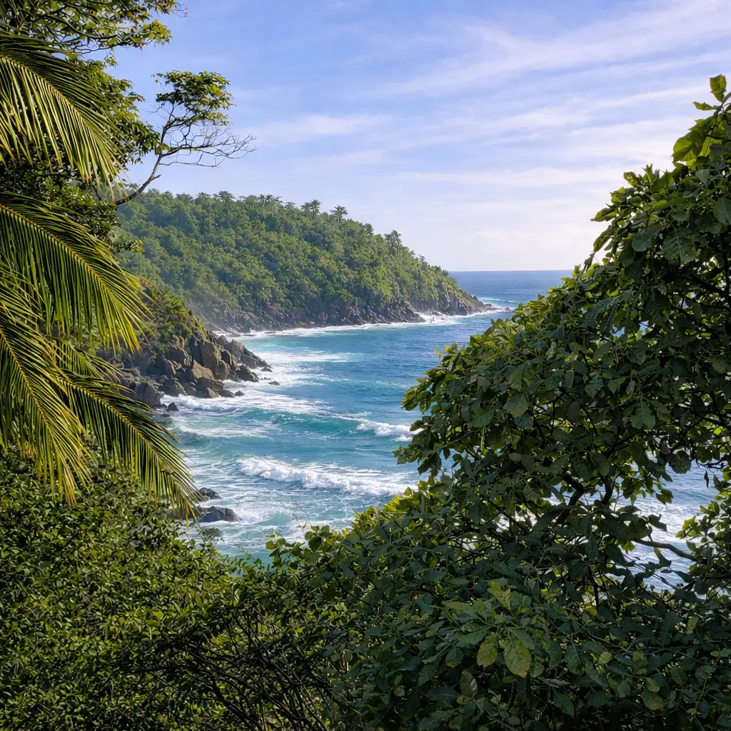 Lush jungle cliffs above turquoise waves, showcasing the wild, scenic shoreline of Riviera Nayarit on Mexico’s Pacific coast.