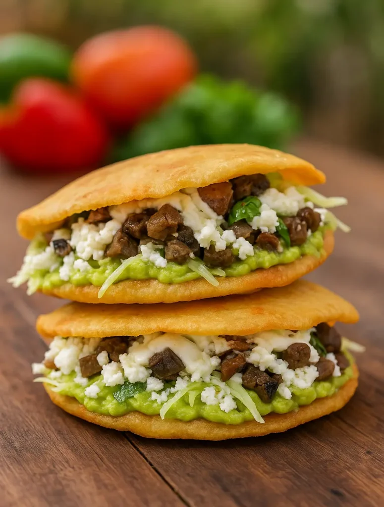Gorditas stuffed with guacamole, cheese, mushrooms, and lettuce sit on a wooden board, highlighting thick masa pockets and comforting Mexican flavors.