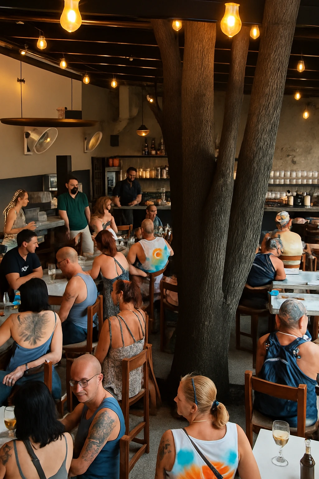 Guests gather around wooden tables beneath string lights and a large tree at a lively Sayulita restaurant, creating a cozy, social dining atmosphere.
