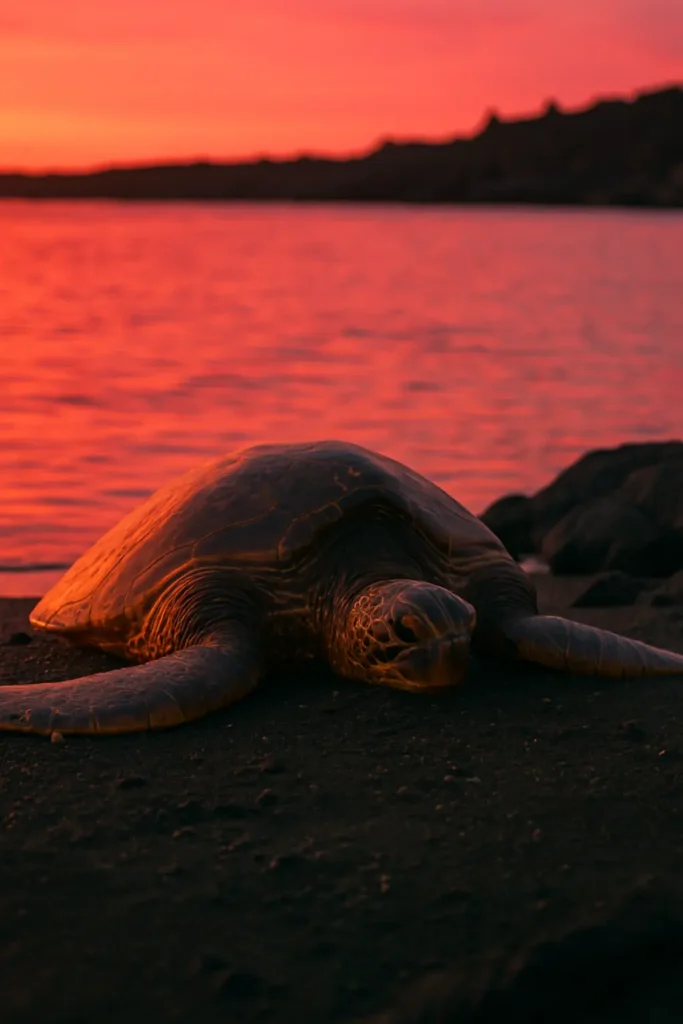 Una tortuga marina solitaria avanza hacia el horizonte pacífico iluminado, con las olas reflejando la luz del atardecer en la costa occidental de México, símbolo de renovación y paz.