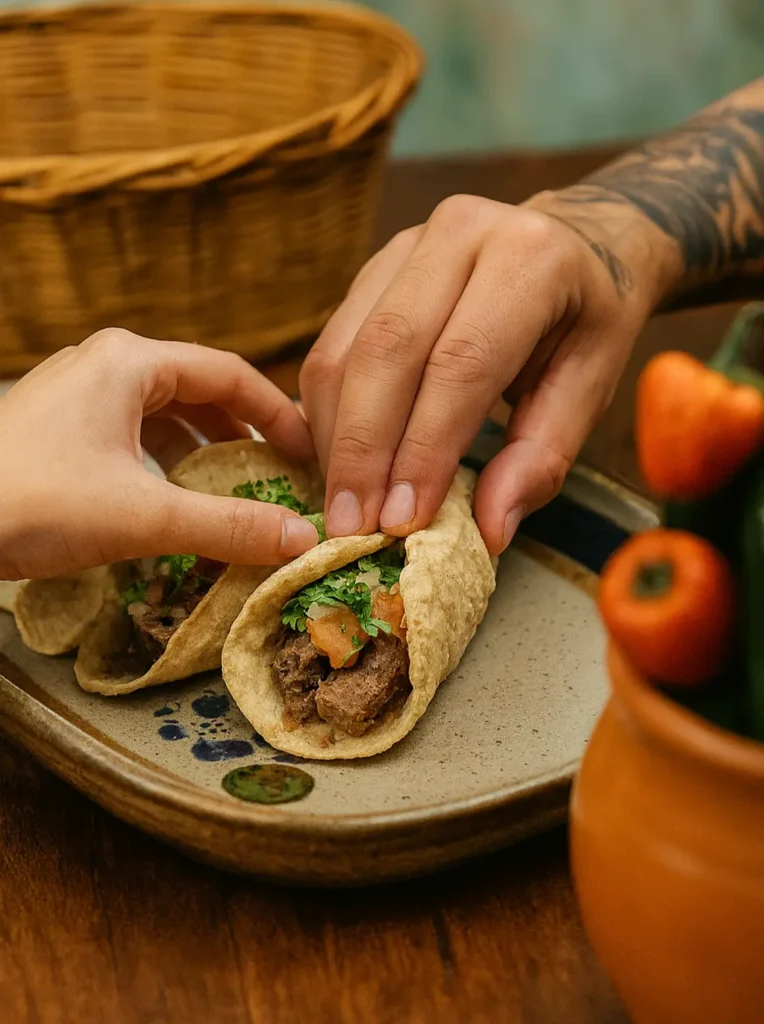 Hands reaching for tacos filled with meat, tomatoes, and herbs, showing friends sharing relaxed meal and enjoying classic Mexican food together.
