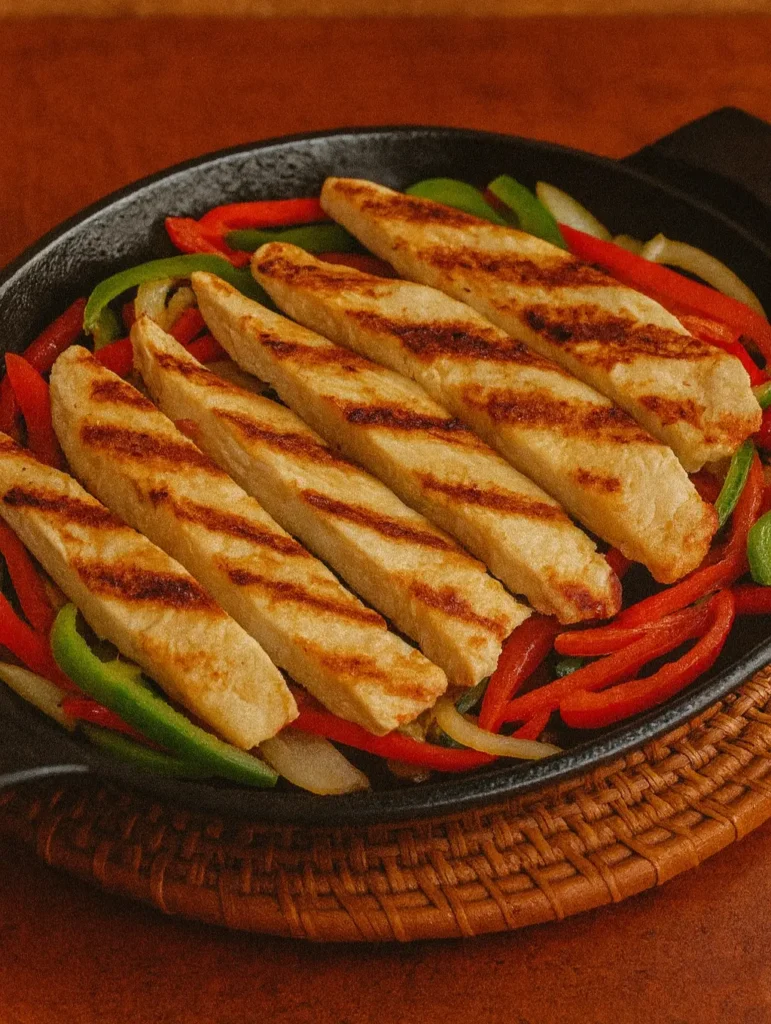Sizzling chicken fajitas with sautéed peppers and onions in a hot skillet, showcasing bright colors, smoky aroma, and classic Mexican-style seasoning.