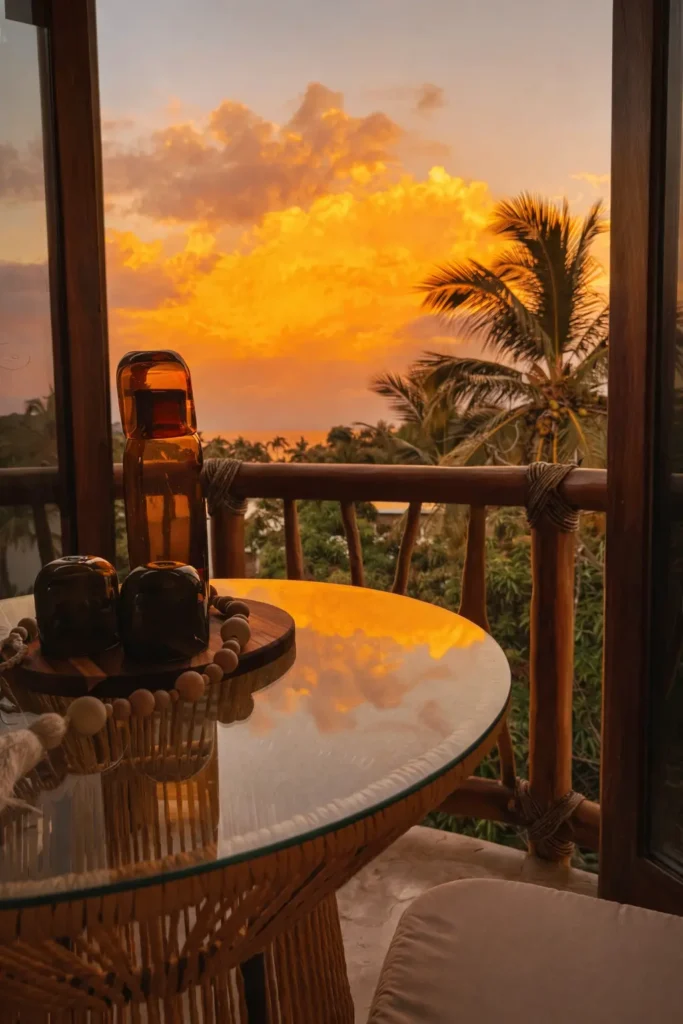 Soft sunset light warms a palm-framed balcony, creating an evening retreat at Amari Boutique Hotel with views drifting across Nayarit’s coast.