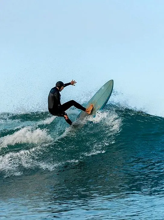 A surfer carves along a rising morning wave, creating a lively coastal moment that captures the energy travelers seek on oceanfront getaways.