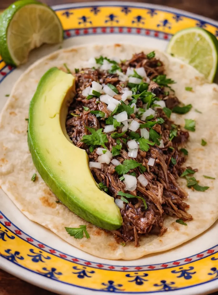 Barbacoa taco topped with onions, cilantro, and avocado, served on a tortilla, highlighting slow-cooked meat and rustic flavors from Mexican barbacoa.