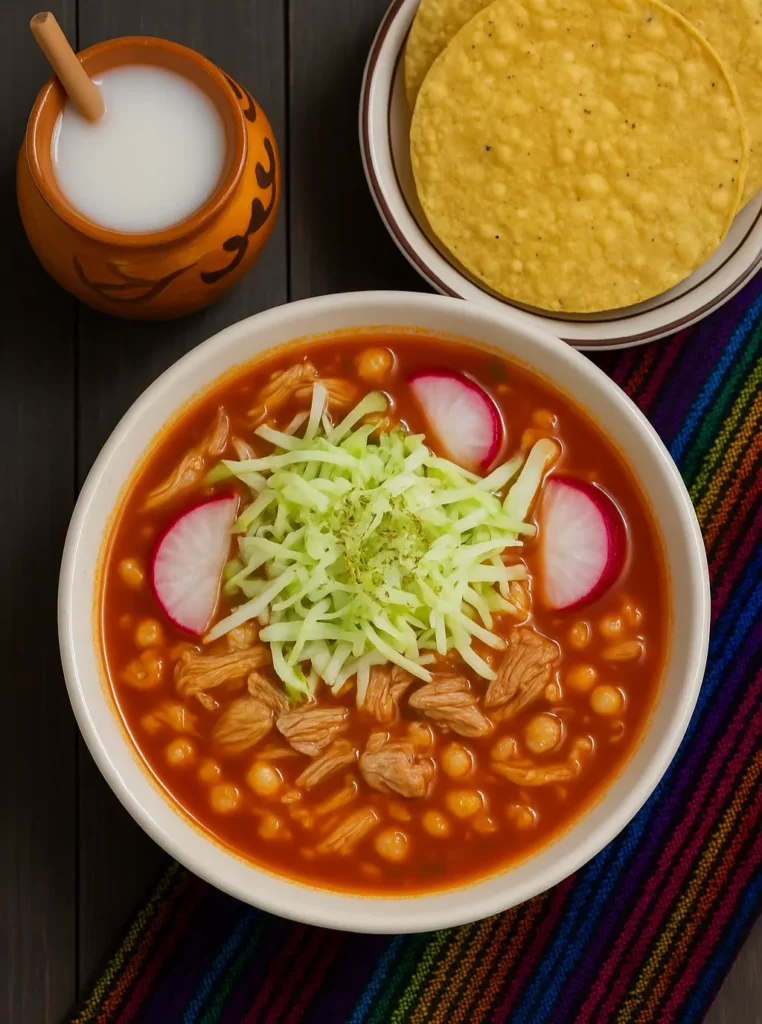Pozole rojo with hominy, pork, cabbage, radish, onion, and lime beside crisp tostadas, highlighting a traditional Mexican stew served with fresh toppings.