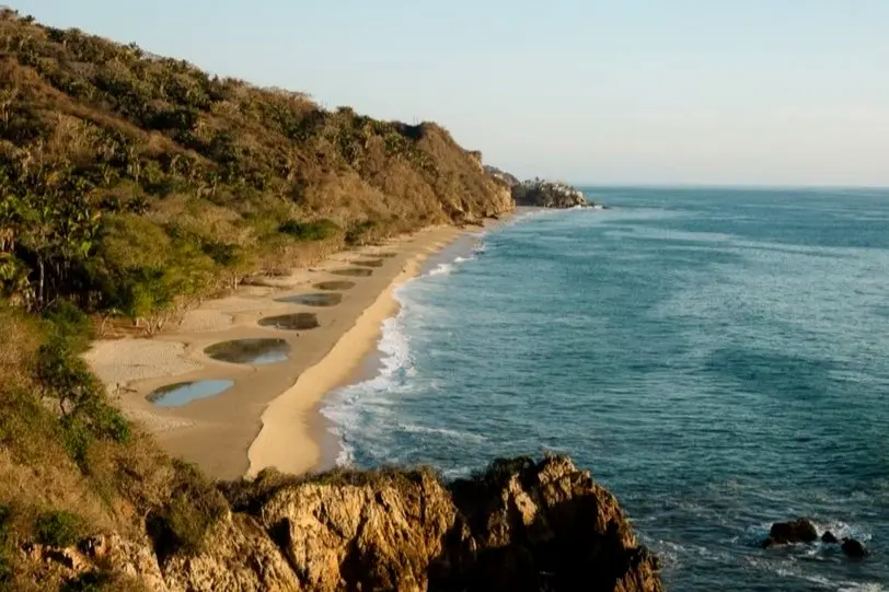 Emerald hills tumble to dark sand where forest meets surf—Nayarit’s Scenic Coastal Corridor alive with color and sea breeze.