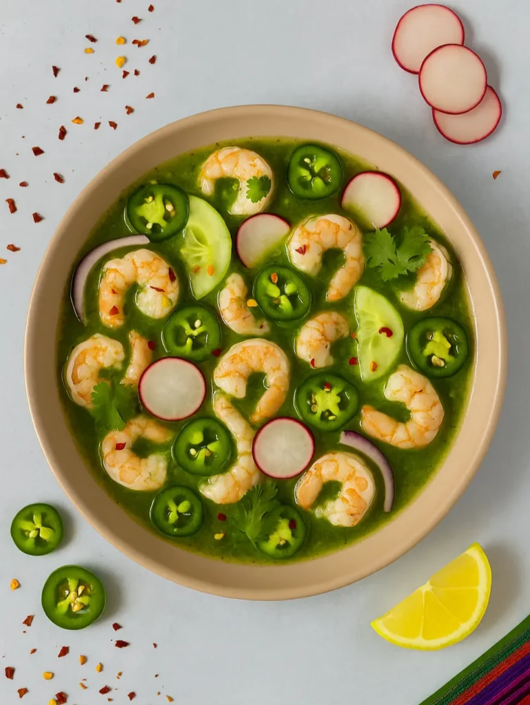 Aguachile with shrimp, jalapeños, cucumber, and radishes in citrus-chile broth, showcasing bright, spicy coastal flavors in Mexican seafood cuisine.