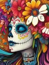 Colorful Día de Muertos Catrina art with vivid flowers, painted skull makeup, and bold Mexican folk patterns symbolizing remembrance and tradition.