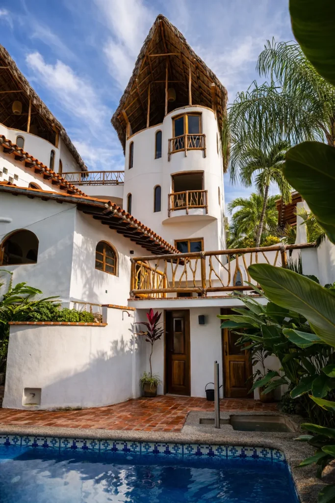 White palapa tower rises above the pool courtyard at Amari Boutique Hotel, framed by palms, rustic wood railings, and sunlit tropical architecture.