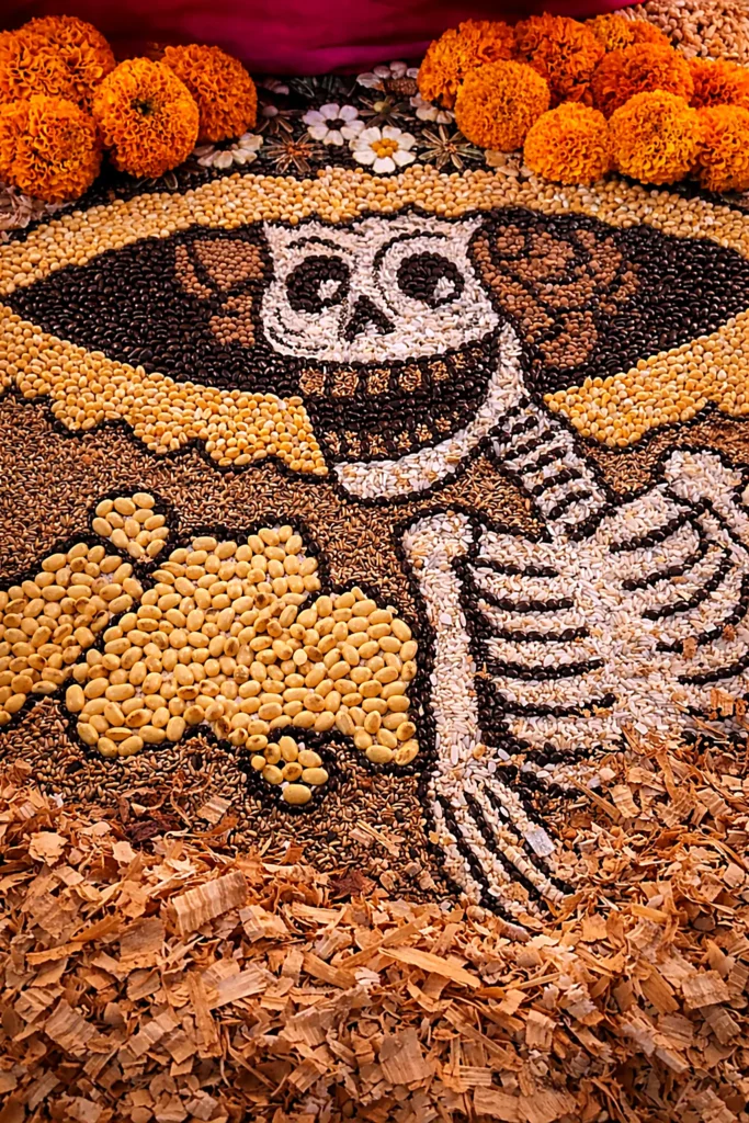 A Día de los Muertos design made from beans, seeds, and grains forms a smiling skeleton, with marigolds arranged along the top.