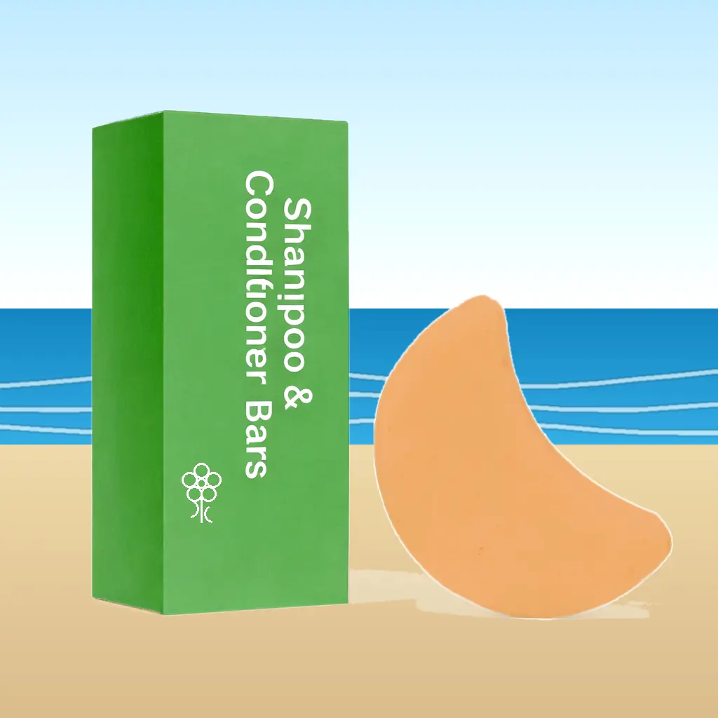 Solid shampoo and conditioner bars beside green packaging, a leak-free packing essential for travel days and quick showers.