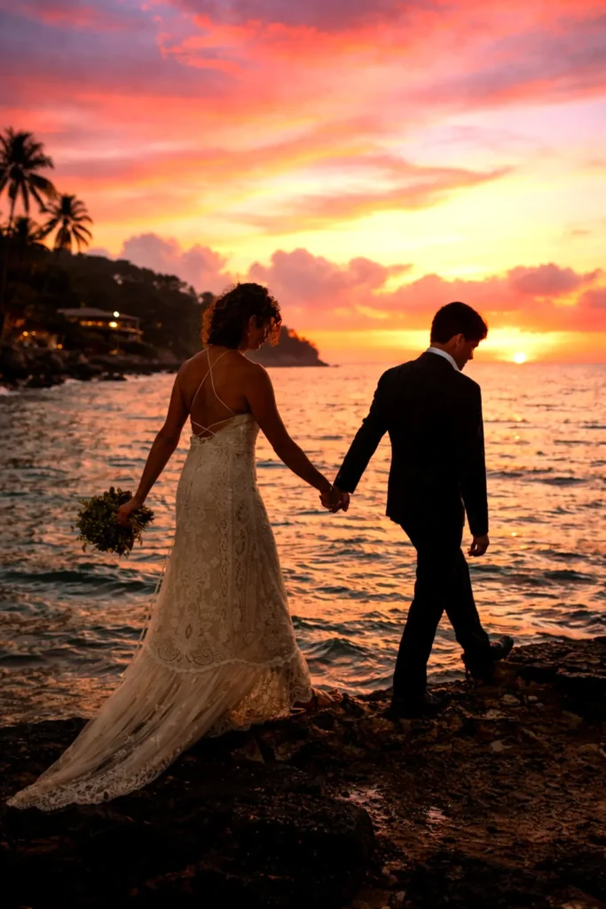 A newly married couple walks hand in hand along the shoreline at sunset, framed by warm skies and calm water along Mexico’s Pacific coast.