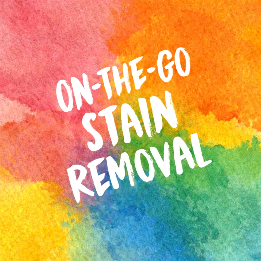 “On-the-go stain removal” text on a colorful background, a smart pack item for quick cleanup after meals on the go.