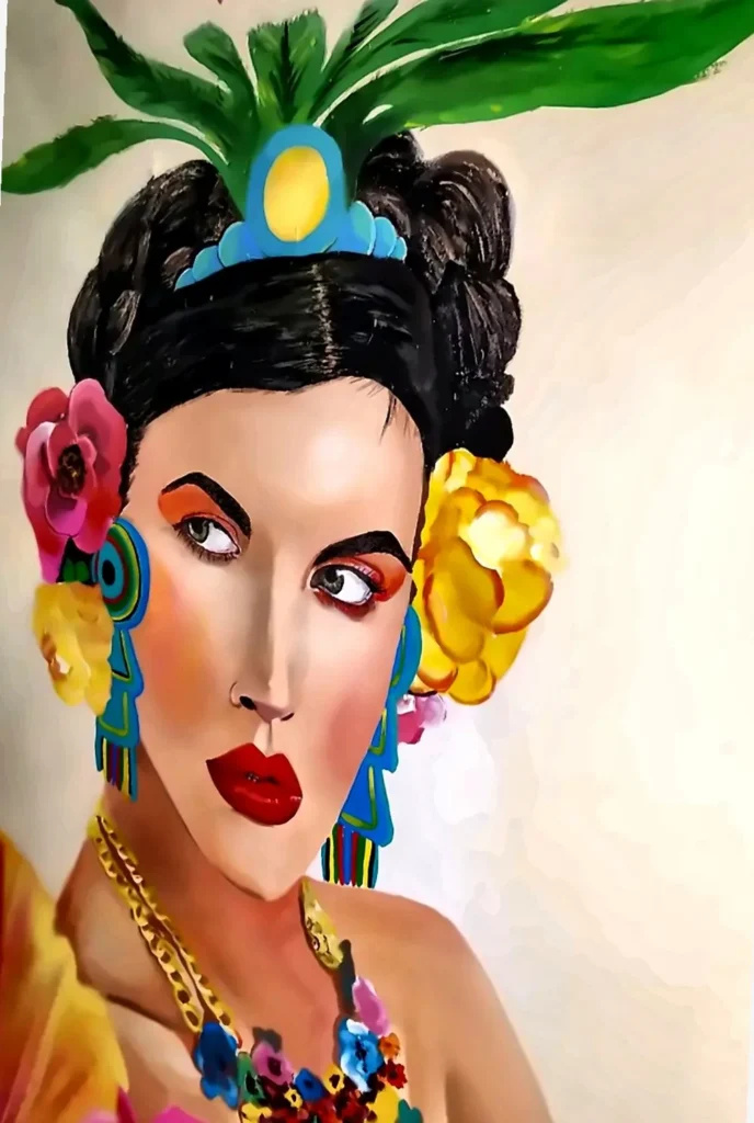 Vivid Frida-inspired portrait with bold red lips, floral earrings, and green leaves in the hair, adding artistic energy in Nayarit.