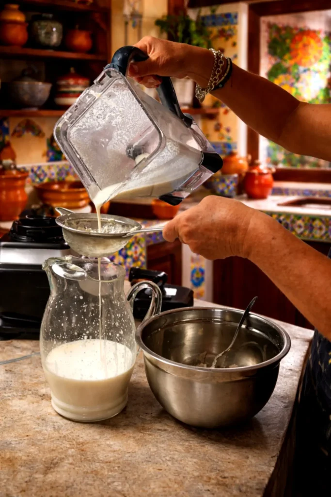 Horchata is strained and poured in a colorful kitchen, reflecting slow preparation and family recipes passed down through generations.