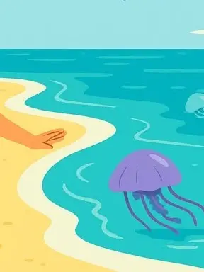 Illustration of a jellyfish drifting near the shoreline in calm blue water, a gentle reminder to swim with awareness, respect, and care today.