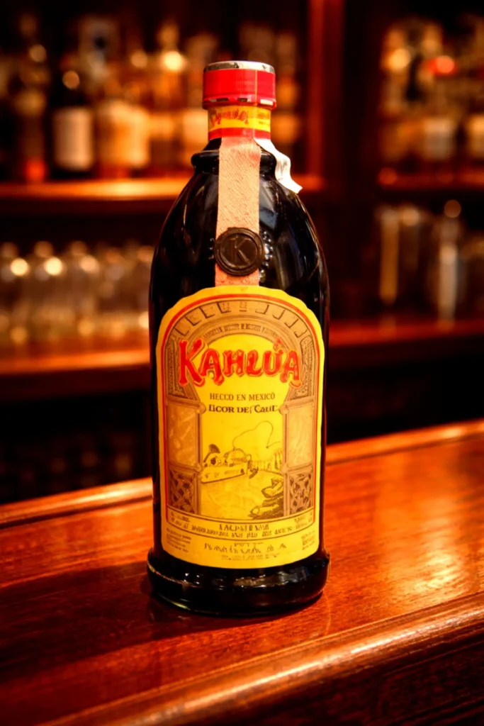 An iconic coffee liqueur bottle on a warm bar counter, capturing rich café flavor and nightcap culture in the Puerto Vallarta area.
