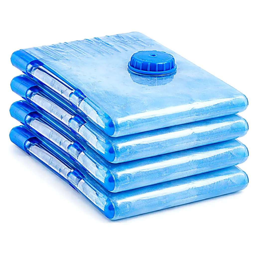Stack of blue vacuum compression storage bags, a space-saving way to pack more efficiently and leave room for souvenirs.